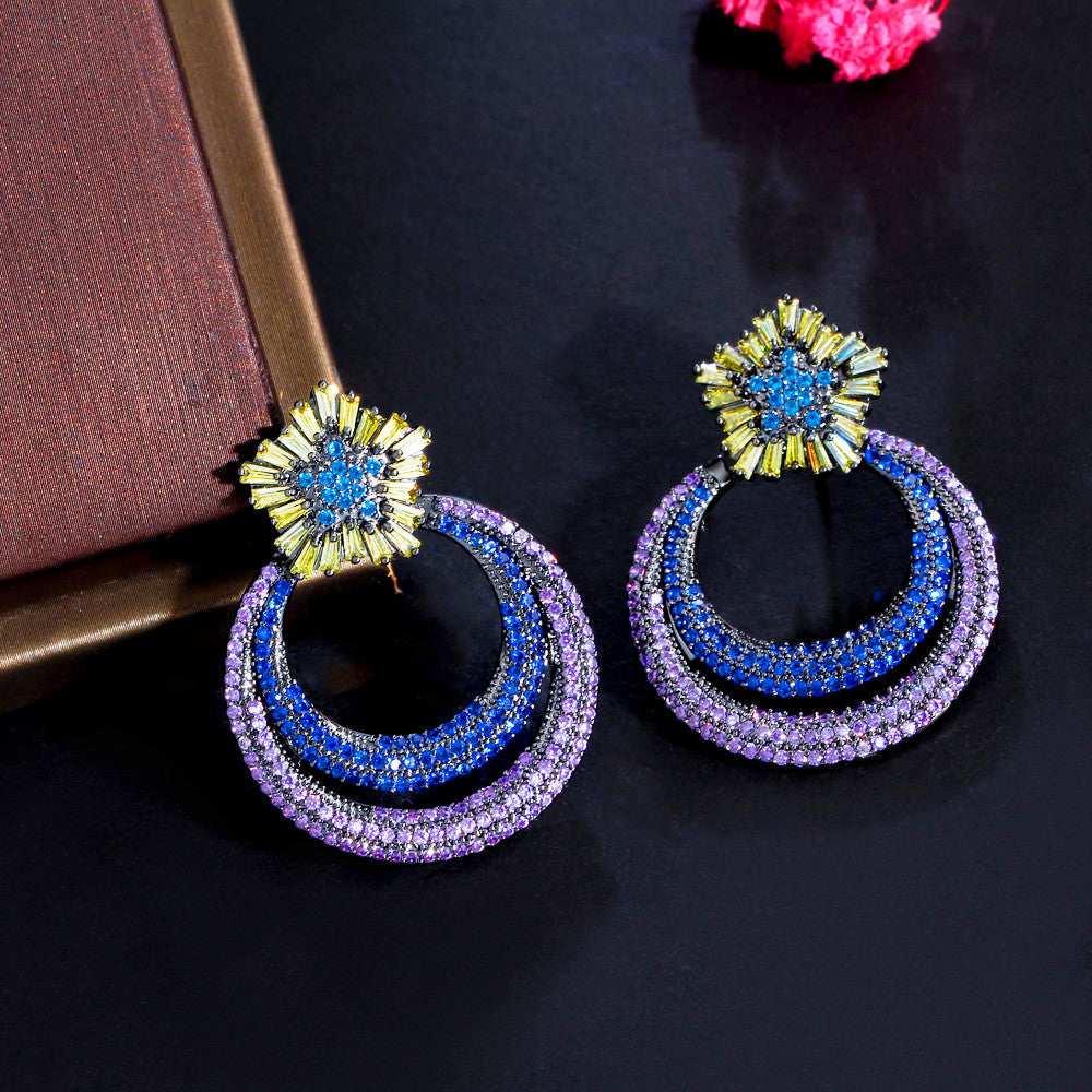 Double round drop micro inlay blue purple cubic zircon crystal earring jewelry