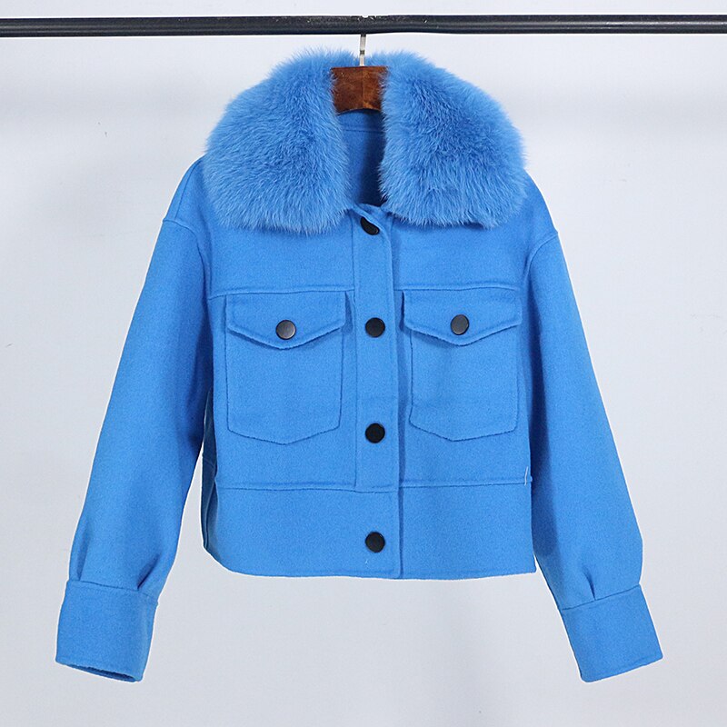 Wool blend womens winter jacket real fur collar pockets outwear