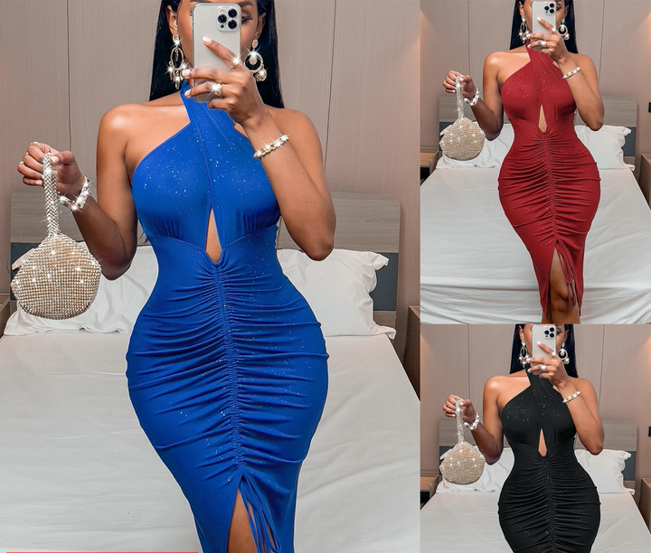Crystal halter neck high slit drawstring womens clothing