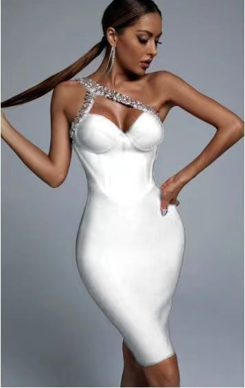 Womnes one shoulder collar rhinestone bodycon evening dresses
