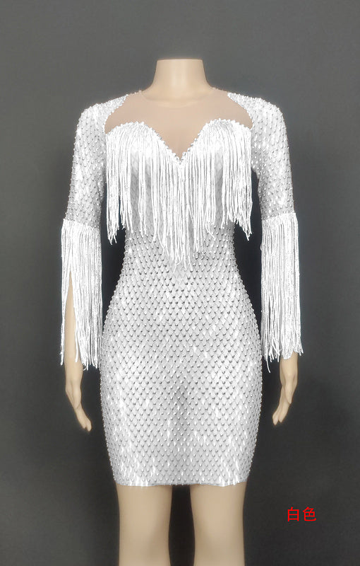Crystal diamonds tassels women clothing sheath low cut see through luxury party gown