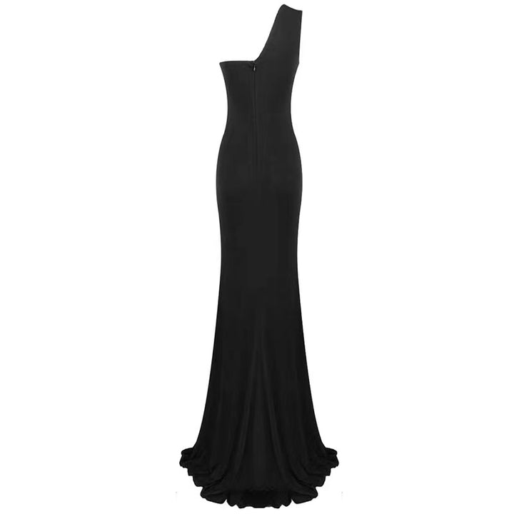 One shoulder sleeveless black mermaid slit long womens dress