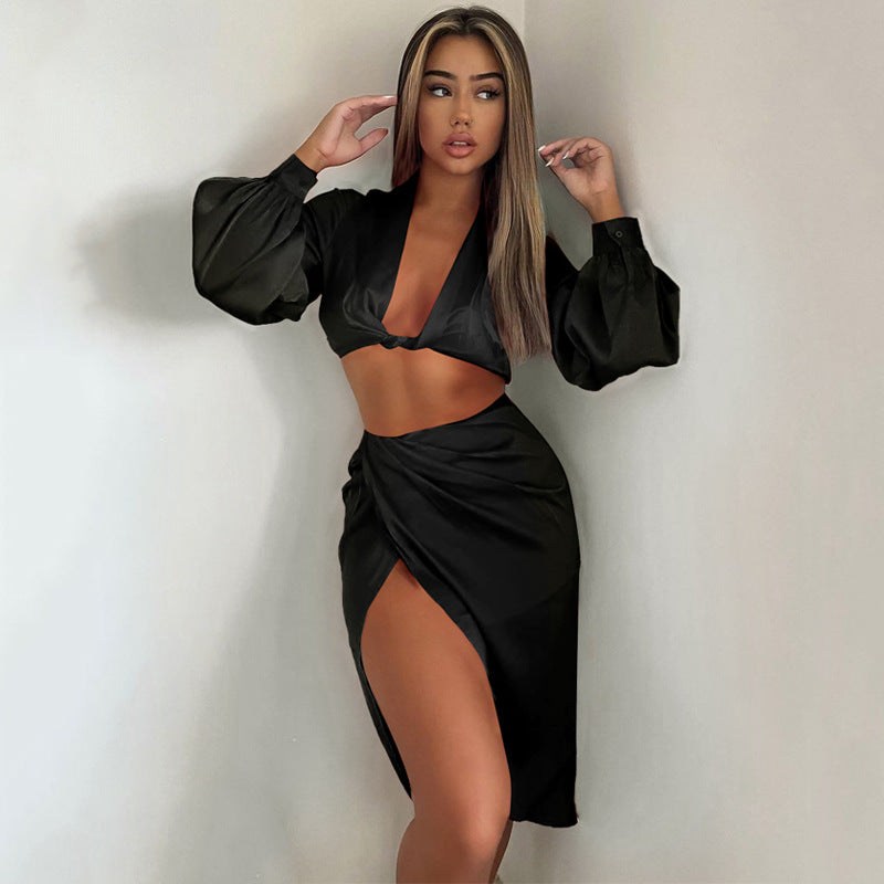 Womens v neck crop top high split skirt set satin 2 pc long sleeve