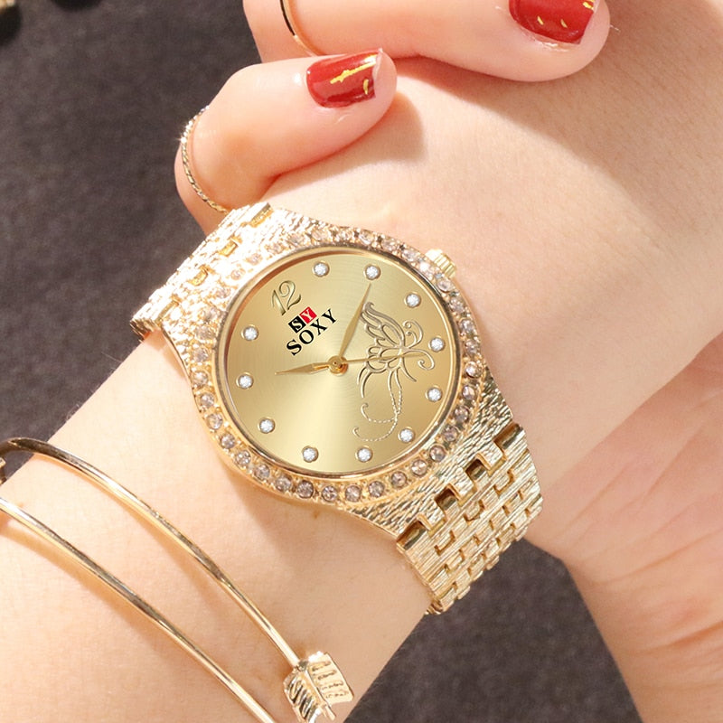 Womens fashion luxury diamond gold wrist quartz watch