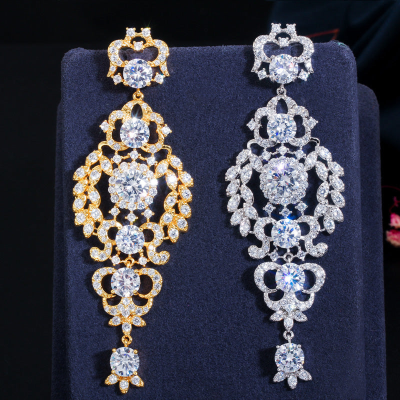 85mm Exclusive Extra Long Leaf Drop Dangle Cubic Zircon Wedding Engagement Party African Gold Plated Earrings for Women Jewelry