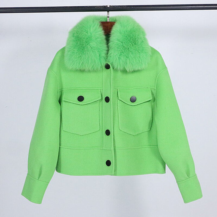 Wool blend womens winter jacket real fur collar pockets outwear