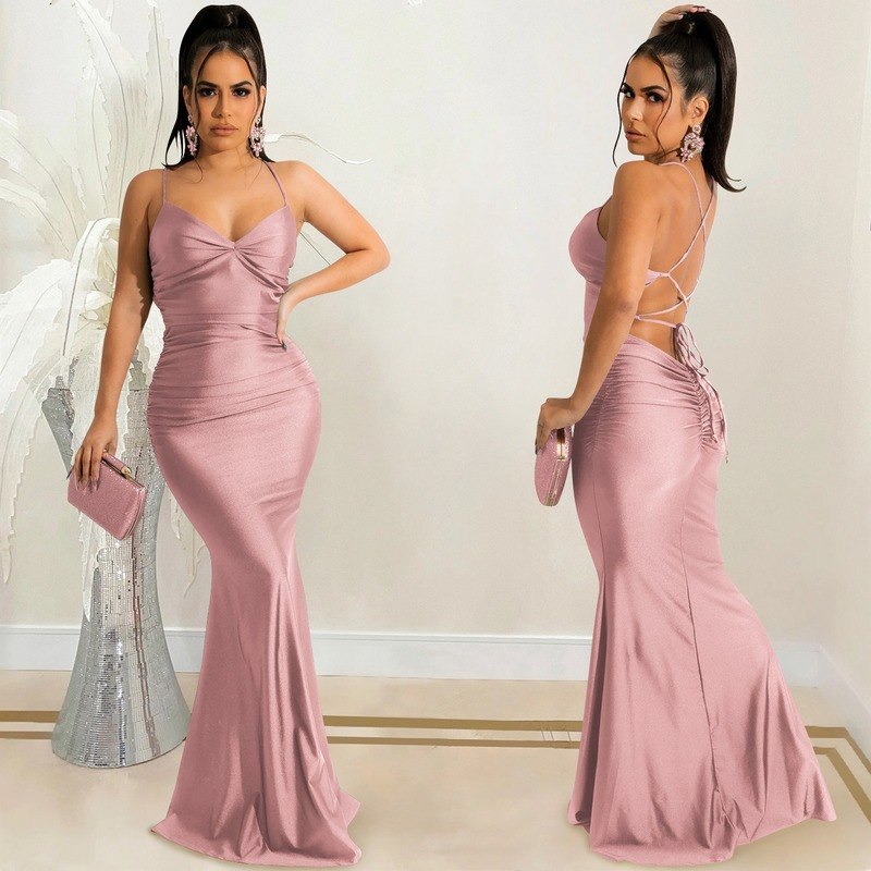 Women satin long midi dress sleeveless backless elegant party