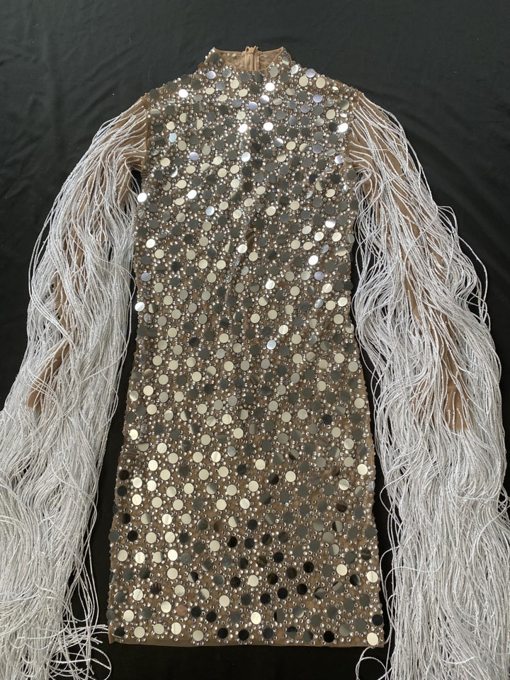 Fashion silver rhinestone sequin tassel sleeve ballroom dress