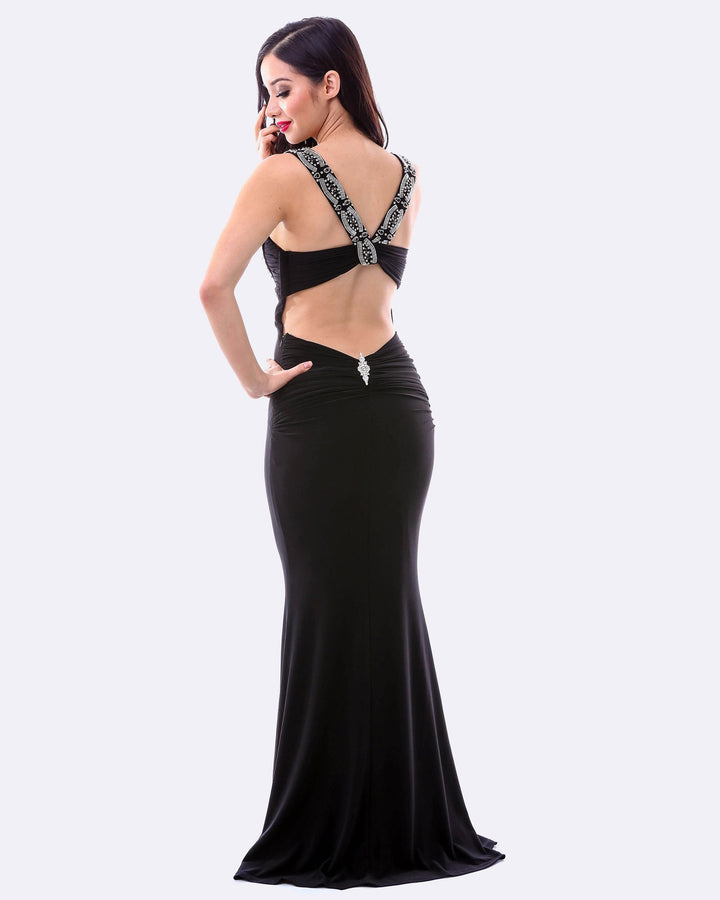 Beaded Evening Dress W/ Split - Black