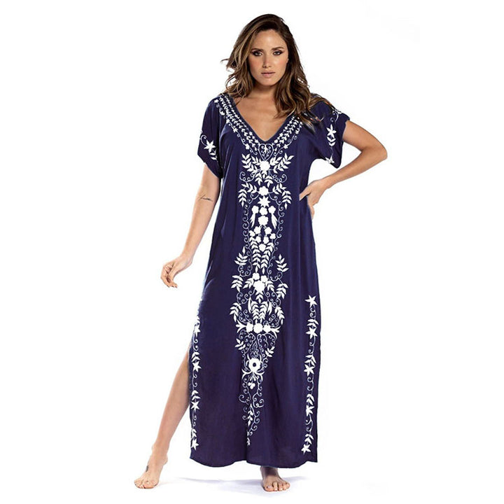 Women Maxi Dress Loose Cover Up Short Sleeve v Neck Side Split