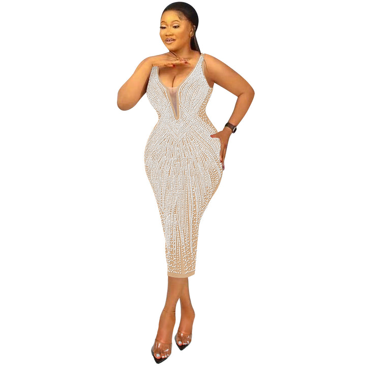 Womens Fashion tight v neck sleeveless sparkle rhinestone dress plus size maxi