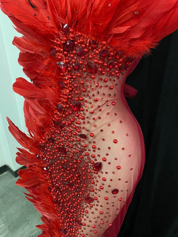 Red crystal see through feathers mermaid dress womens rhinestone