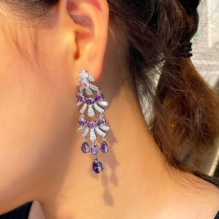 Royal purple cubic zirconia crystal long drop tassel womens wedding earings