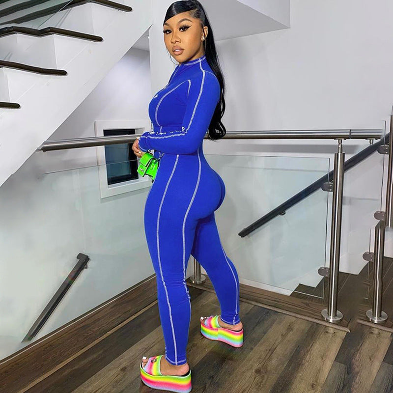 Womens zipper bodycon flatlock seam workout gym jumpsuit long sleeve legging