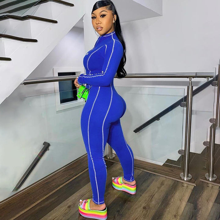 Womens zipper bodycon flatlock seam workout gym jumpsuit long sleeve legging