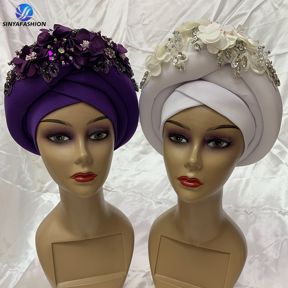 Best selling turban hat flower designs crystal auto gele headtie for women