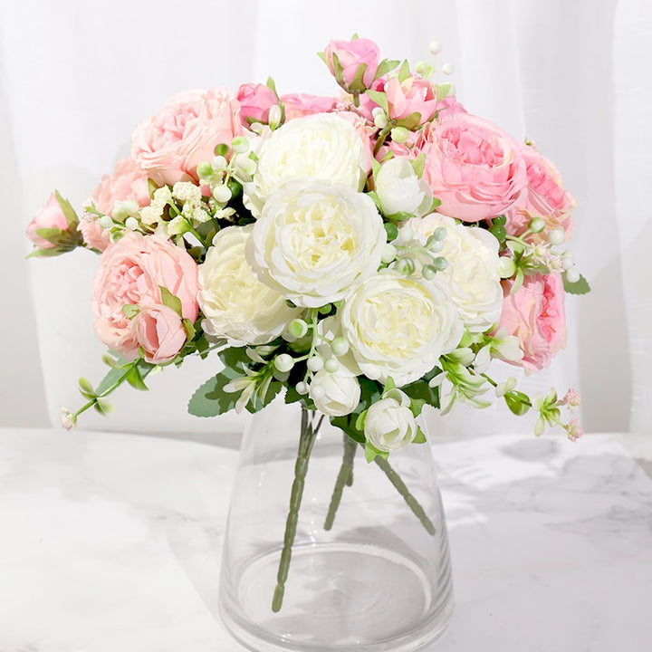 Pink silk peony artificial flowers rose wedding home decor big bouquet