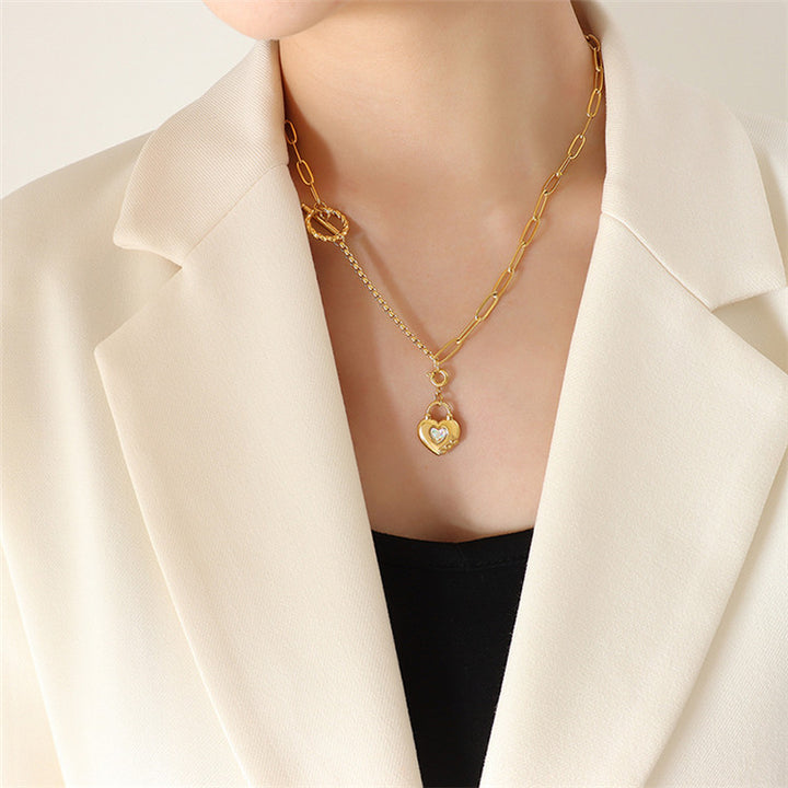 18k gold plated chunky chain button glass crystal heart necklace