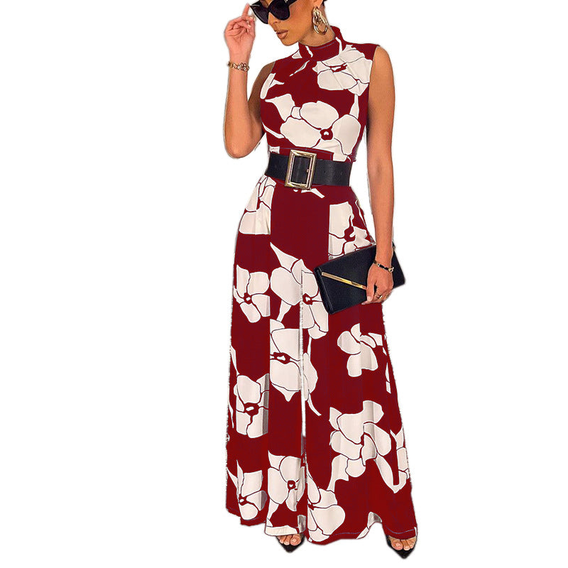 Elegant jumpsuit womens halter floral print long wide pants fashion rompers