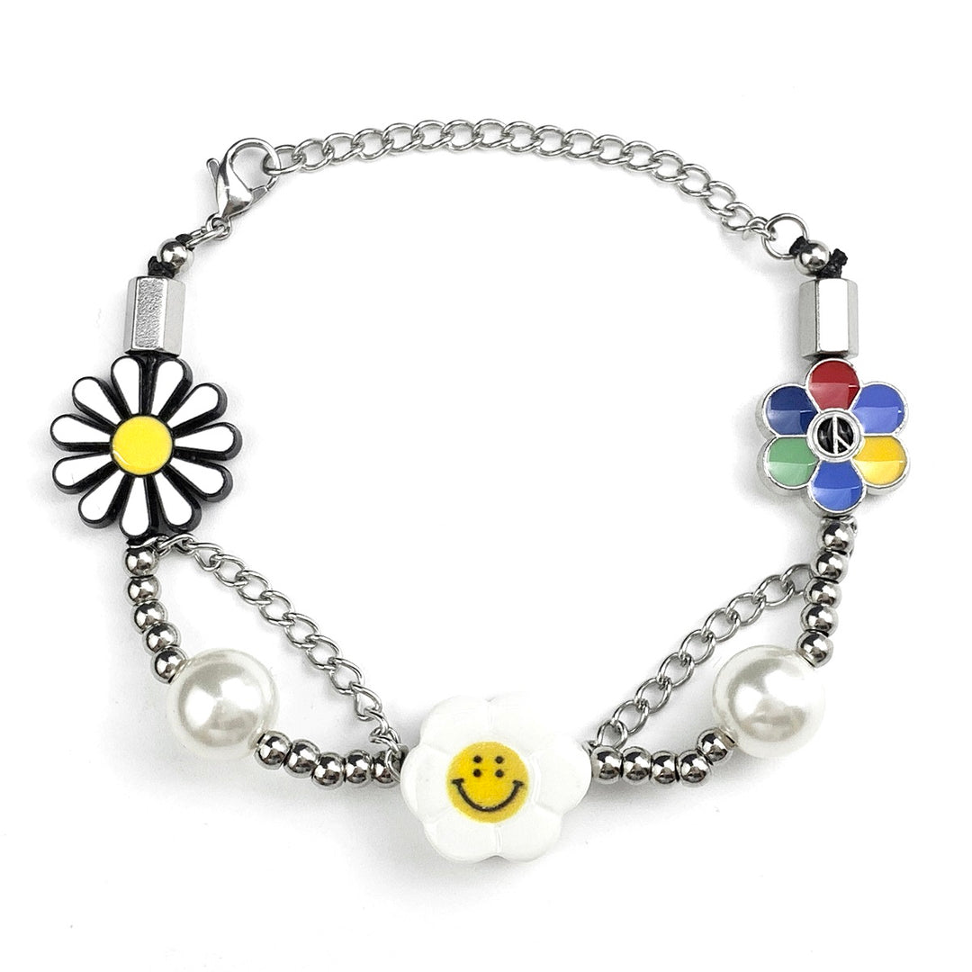 VAF Freshwater Pearl Happy Smiley Smile Face Chain Bracelet Sunflower Daisy Flower Seed Bead Bracelet for Women