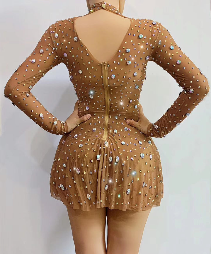 Long sleeves sheer crystal a line dance costume bling women party dress