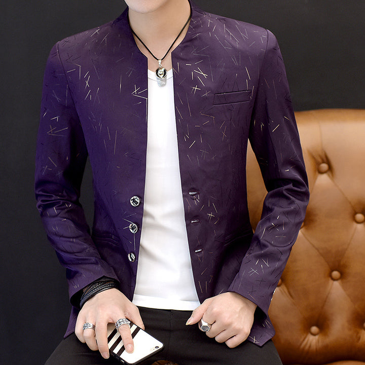 Men Blazer Suit Printed Slim Stand Collar Casual  Mens Suit Thin Jacket Youth Costumes