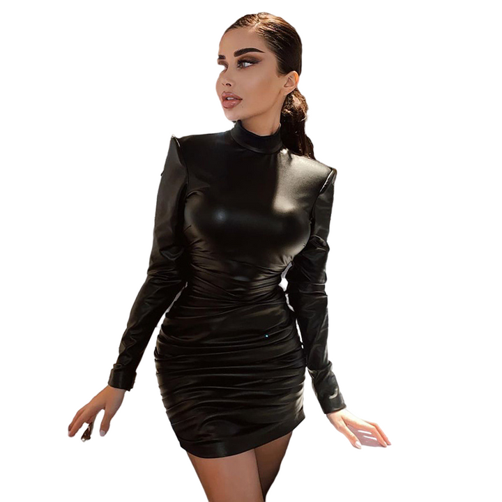 2022 popular spring long sleeveblack pu leather party dress for women