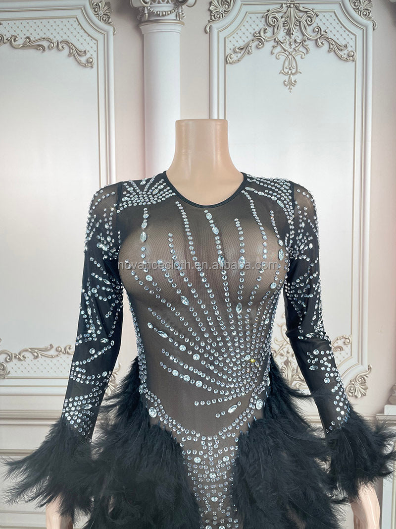 Unique gifts glitter rhinestone sequin black feather prom dresses