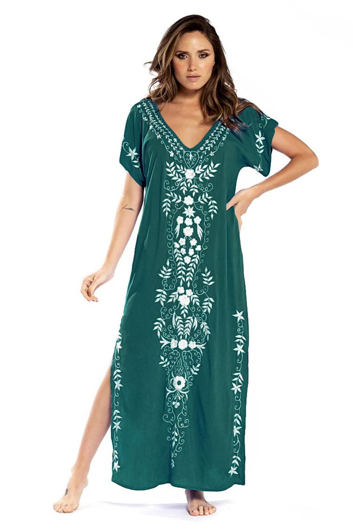 Women Maxi Dress Loose Cover Up Short Sleeve v Neck Side Split