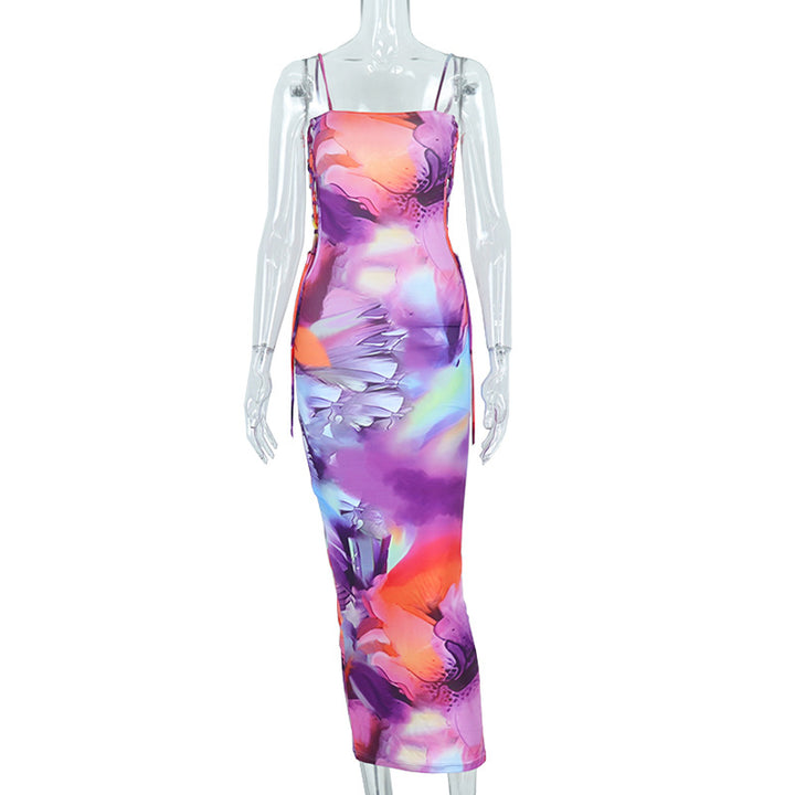 Colorful womens midi print sling dress side cutout bodycon