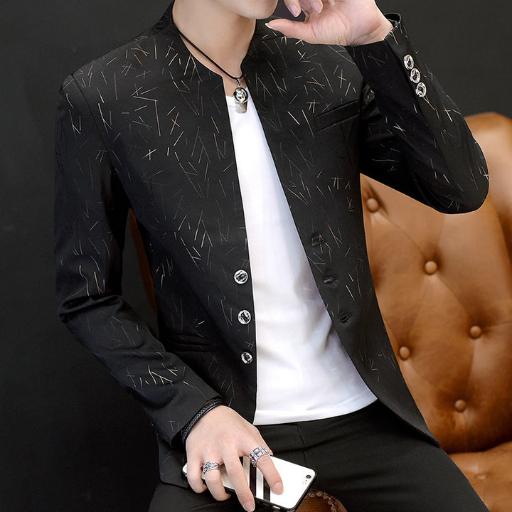 Men Blazer Suit Printed Slim Stand Collar Casual  Mens Suit Thin Jacket Youth Costumes