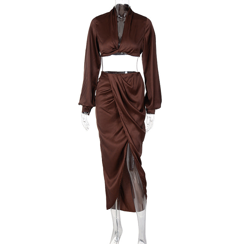 Womens v neck crop top high split skirt set satin 2 pc long sleeve
