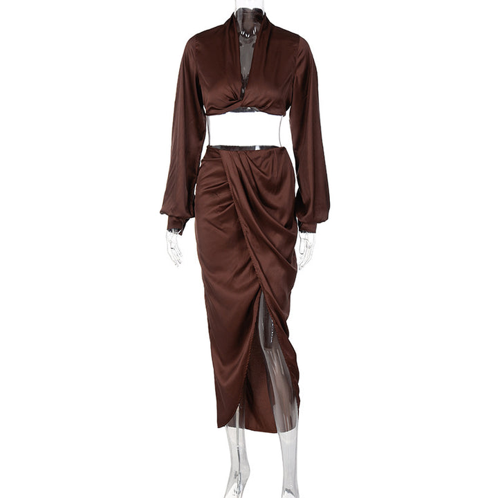 Womens v neck crop top high split skirt set satin 2 pc long sleeve