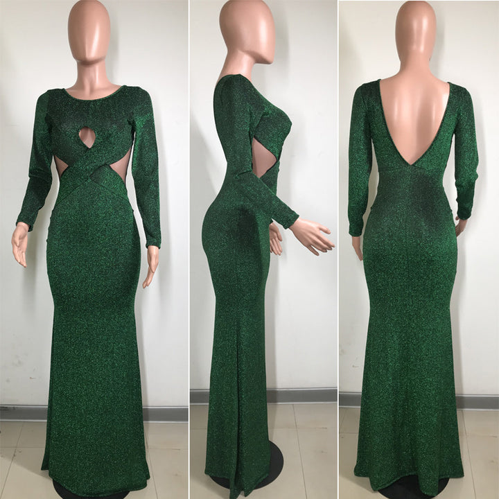 Womens long sleeved sexy backless evening dress 1 pc