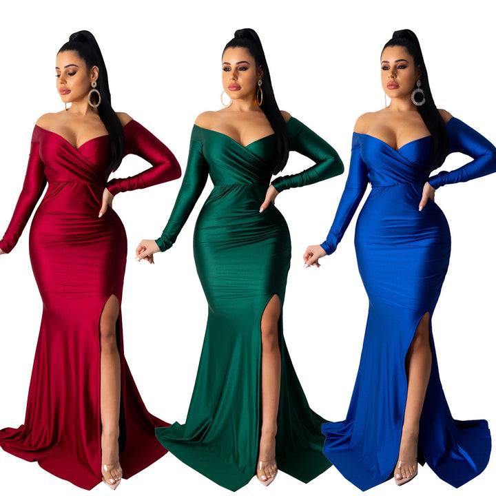 2022 new arrivals long sleeves women v neck long party dress