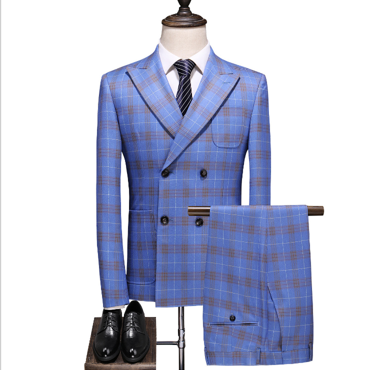 Double Breasted Plaid Suit for Men Light Blue Mens Suits 2021 Slim Fit Masculino Groom Wedding Suit Man