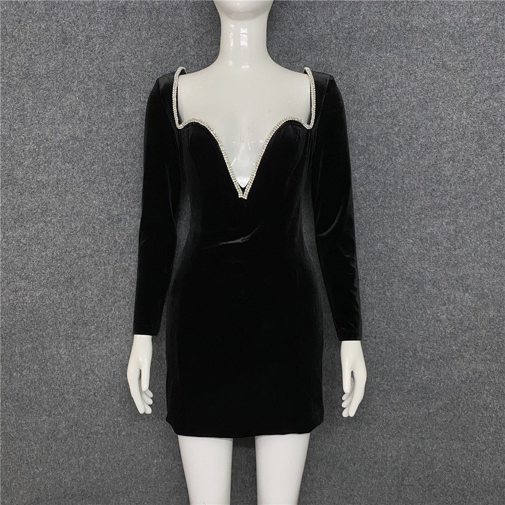 Elegantes womens casual clothing black velvet v neck with rhinestone dress