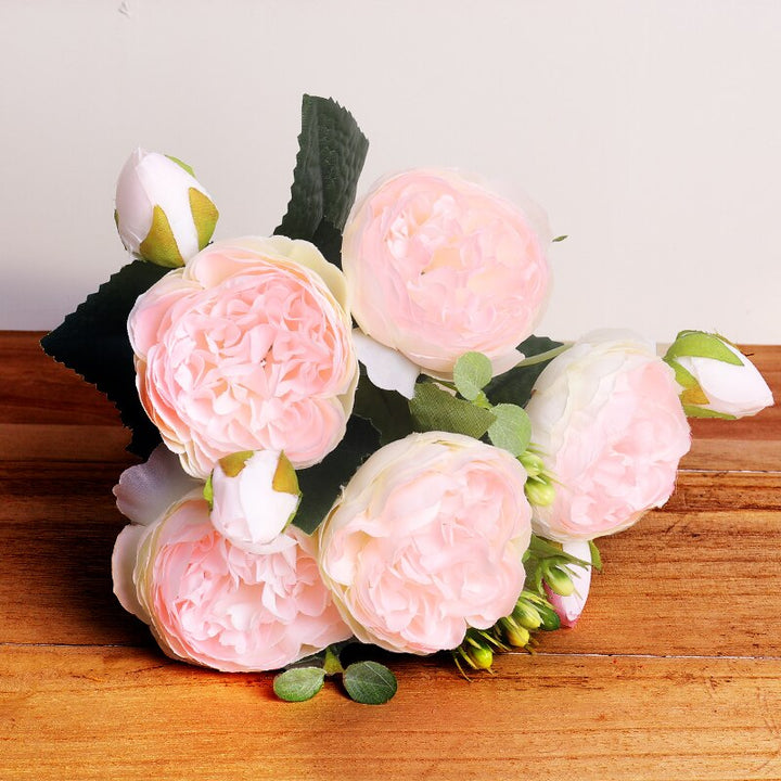 Rose pink silk bouquet peony artificial flowers 5 big heads 4 small bud bride wedding décor