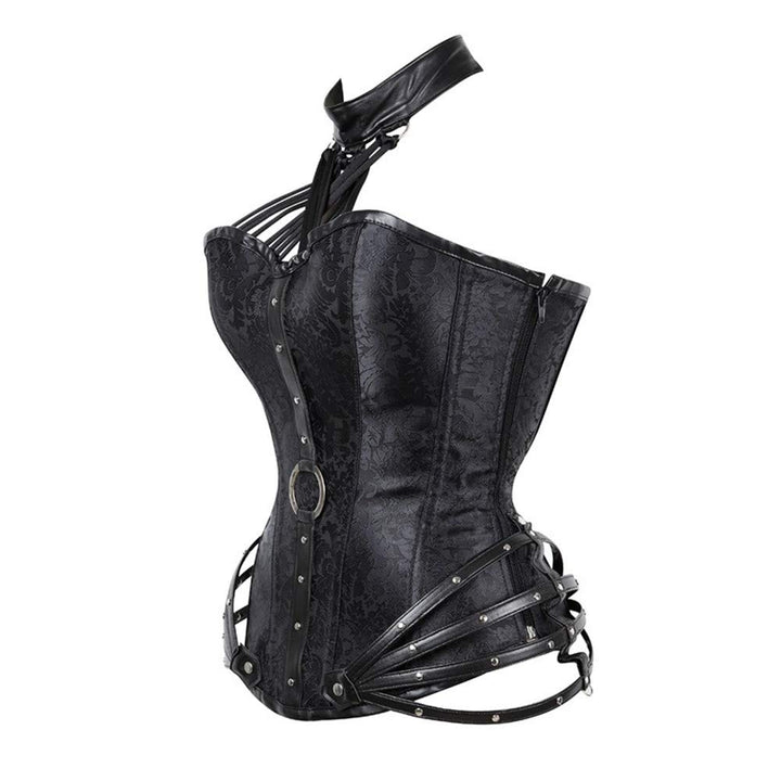 Womens steel boned lace up top zipper jacquard back ribbon corset