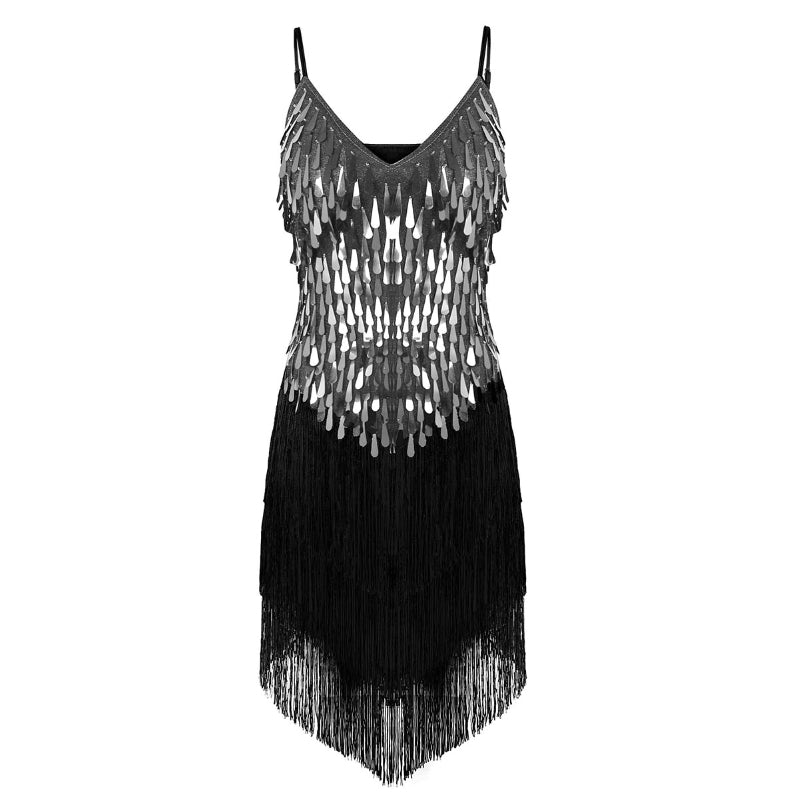 Women spaghetti straps sparkling sequins fringe dance party dress gowns