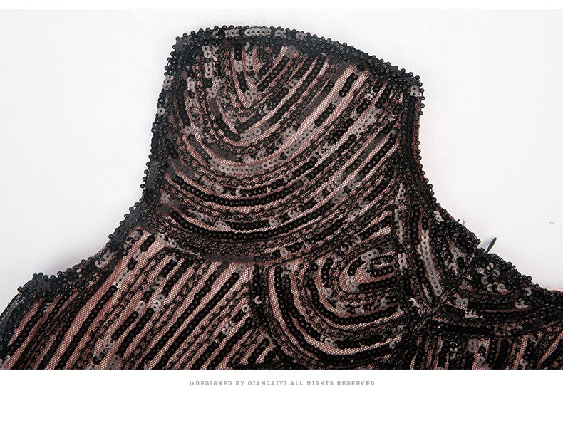 Woman elegant formal evening beaded mini tassel sequined fringed mini dress