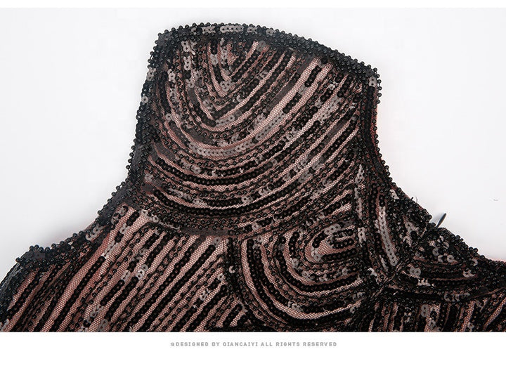 Woman elegant formal evening beaded mini tassel sequined fringed mini dress