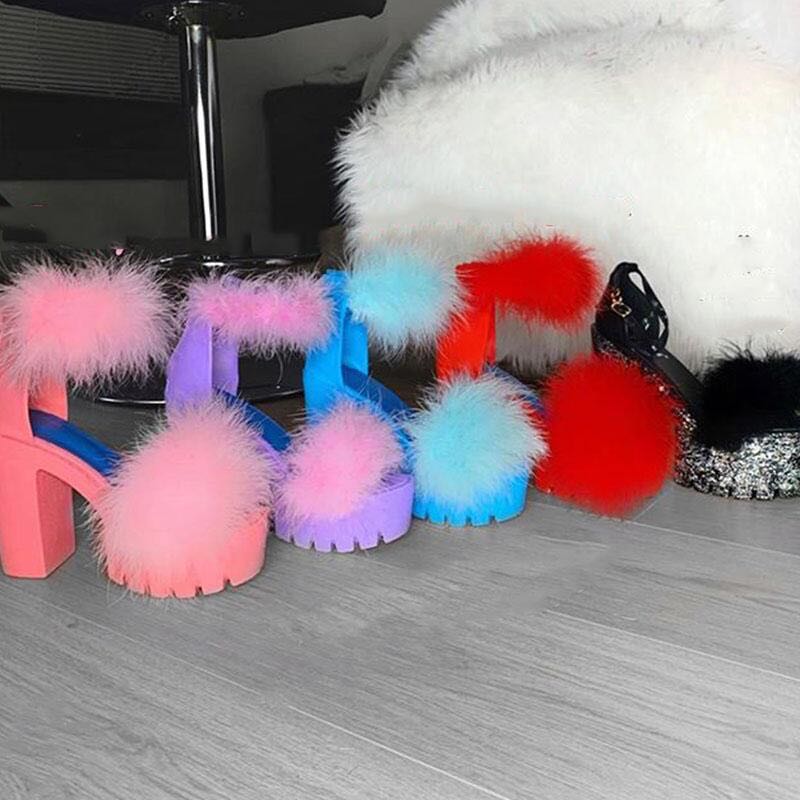 Chunky platform faux fur high heel sandals open toe women fashion luxury