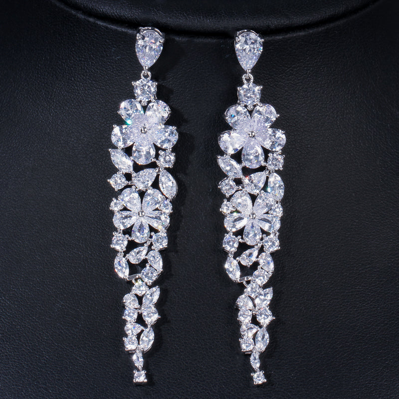 Multi colored flower cubic zirconia crystal 8 2 cm long earrings bridal jewelry