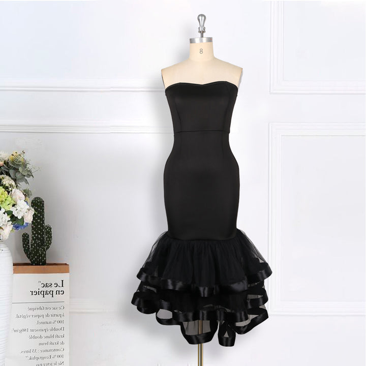 Womens see through mesh wrapped ruffles evening dress