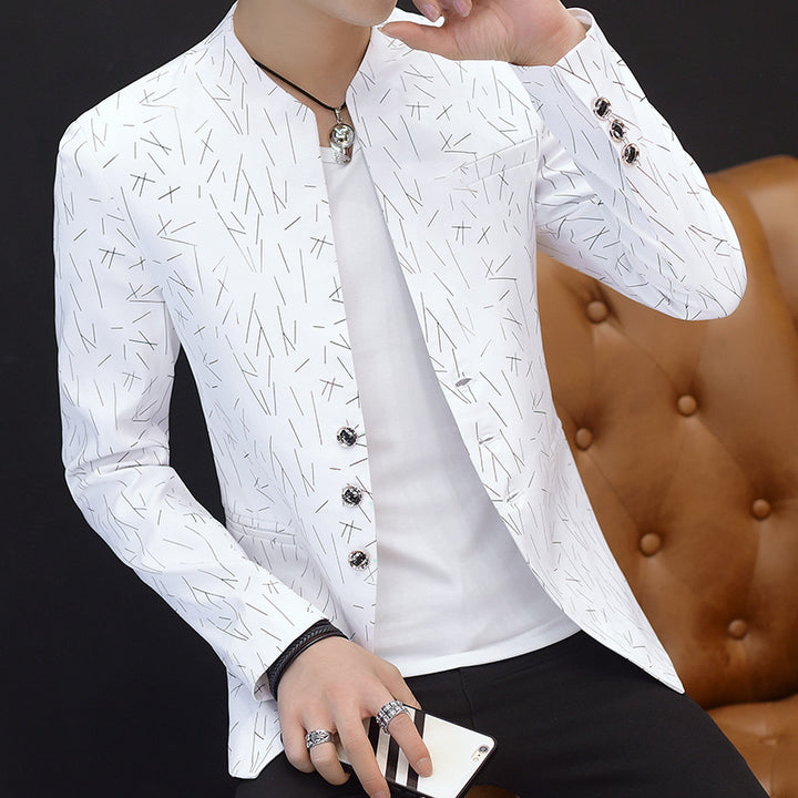 Men Blazer Suit Printed Slim Stand Collar Casual  Mens Suit Thin Jacket Youth Costumes