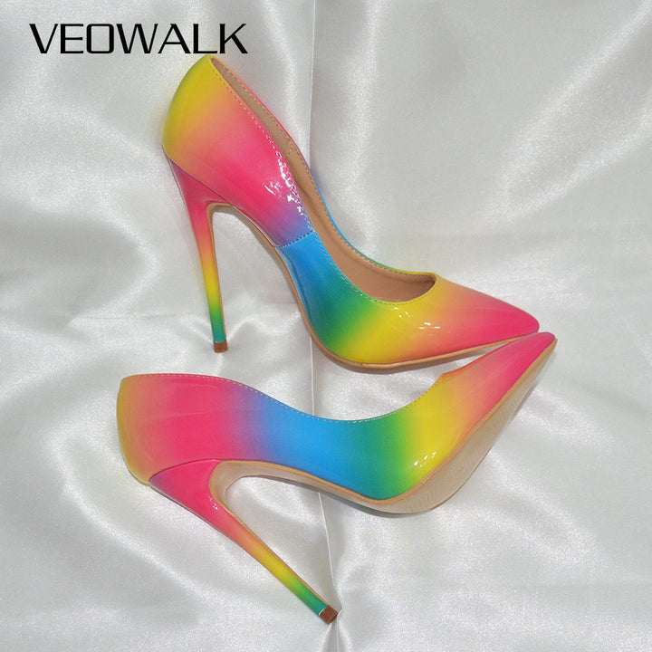 Veowalk Rainbow Colorful Patent Leather Women Sexy Stiletto Extemely High Heels, Fashion Pointed Toe Pumps Party Shoes