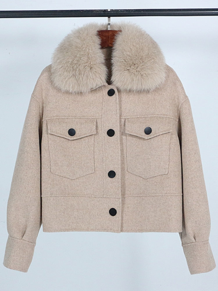 Wool blend womens winter jacket real fur collar pockets outwear