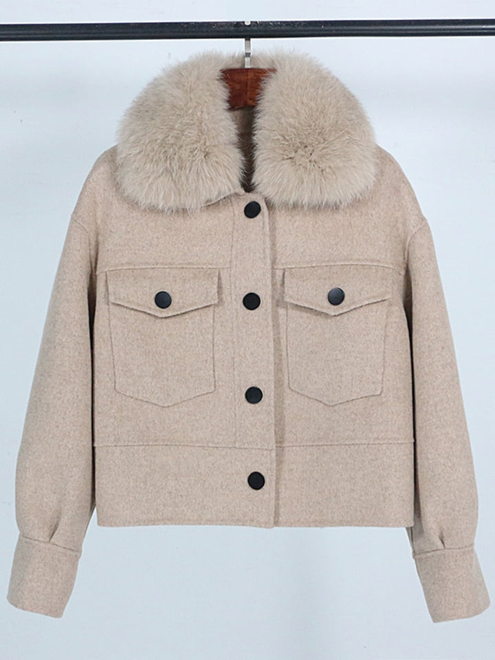 Wool blend womens winter jacket real fur collar pockets outwear