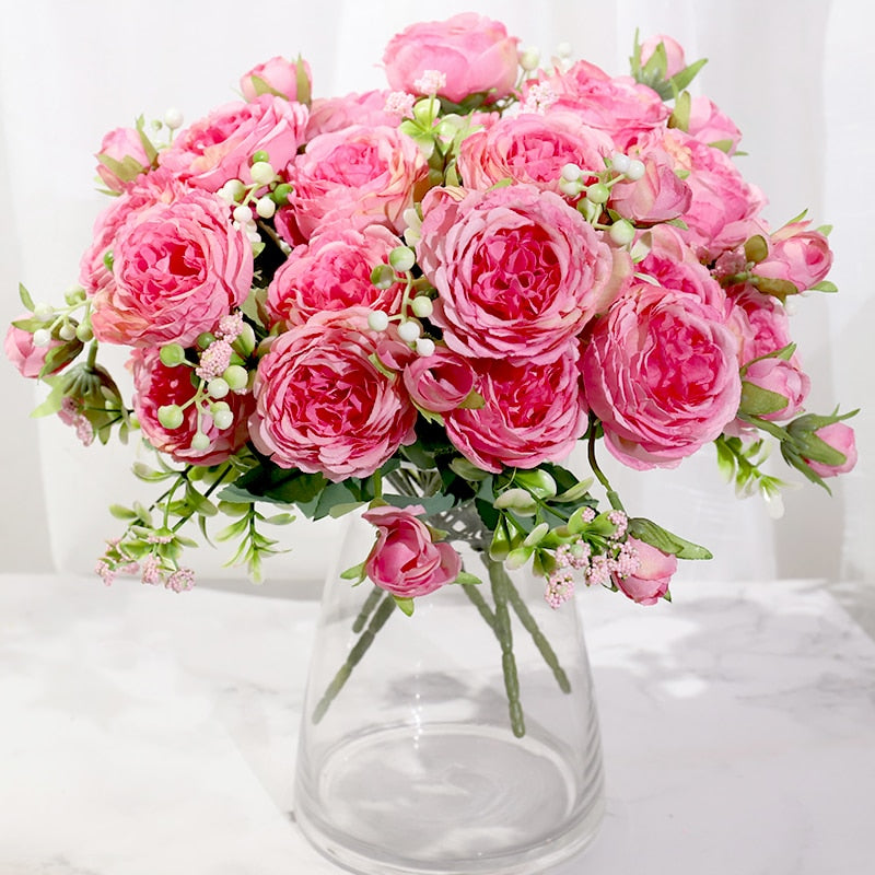 Pink silk peony artificial flowers rose wedding home decor big bouquet